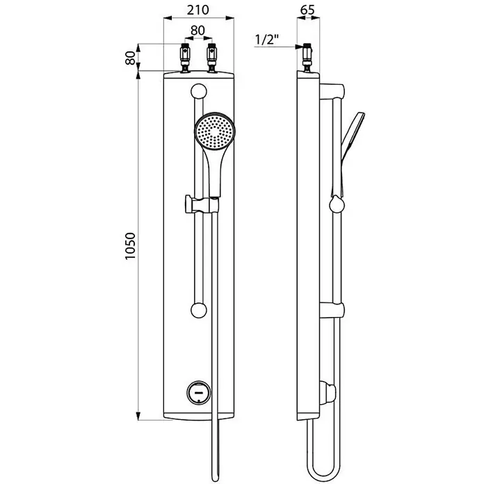 Delabie Duschsystem Delabie -  - Technische Zeichnung einer Duschsäule mit Handbrause, Vorder- und Seitenansicht mit Maßen wie 1050 mm Höhe und 1/2" Anschlüssen.