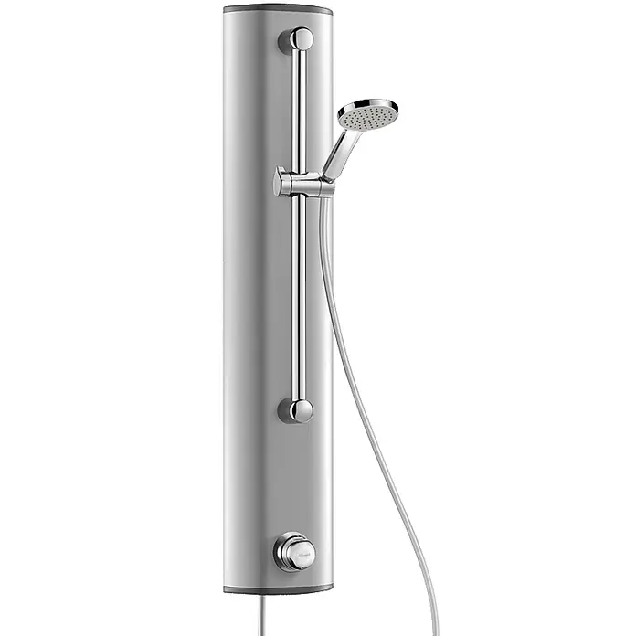 Delabie Duschsystem Delabie -  - Silberne Duschsäule mit verchromter Handbrause und Bedienknopf.