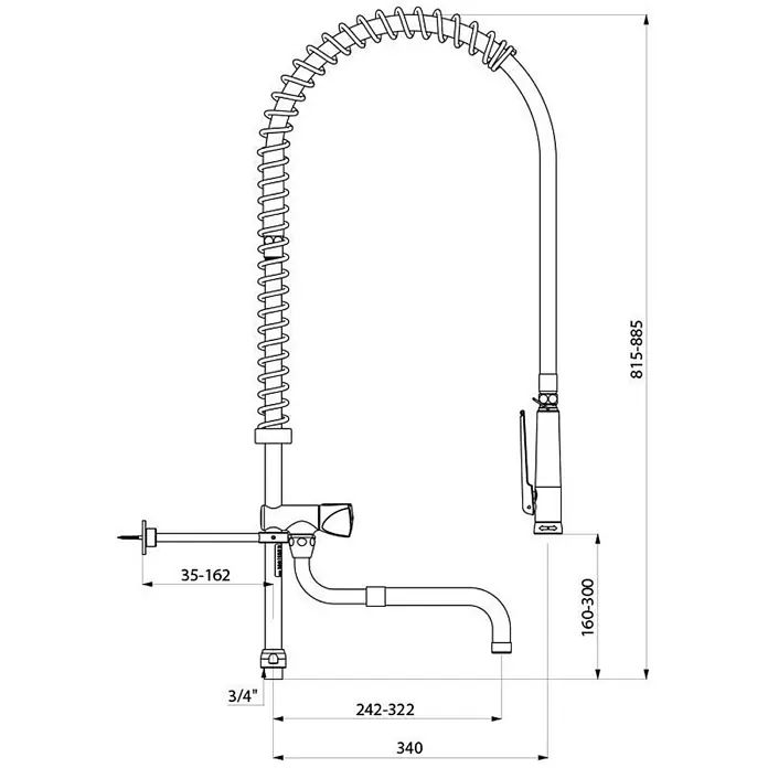 Delabie Brausegarnitur -  - Gewerbliche Vorspül-Küchenarmatur mit hohem Bogenauslauf und Federbrause. Metallische Oberfläche.