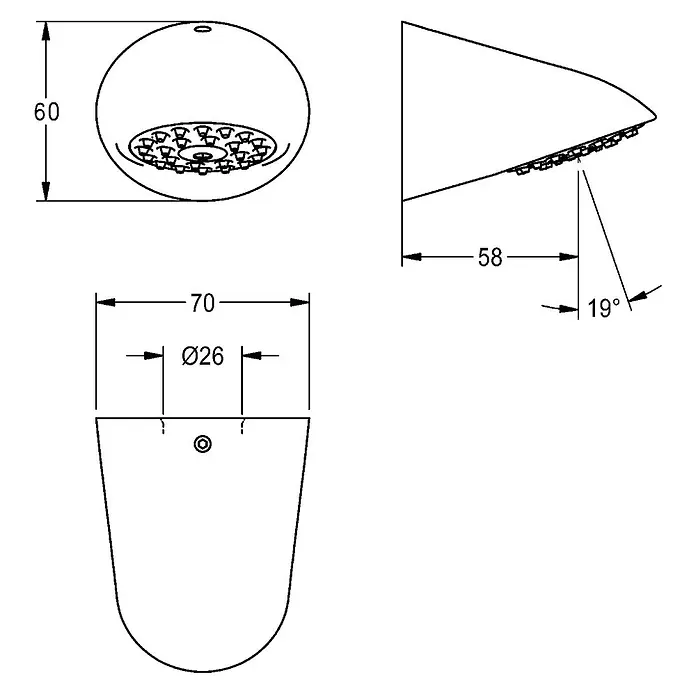 KWC Brausegarnitur -  - Technisches Zeichnung eines runden Einbau-LED-Strahlers mit Maßen: 70mm Breite, 60mm Höhe, Ø26mm Ausschnitt, 58mm Tiefe, 19° Abstrahlwinkel.