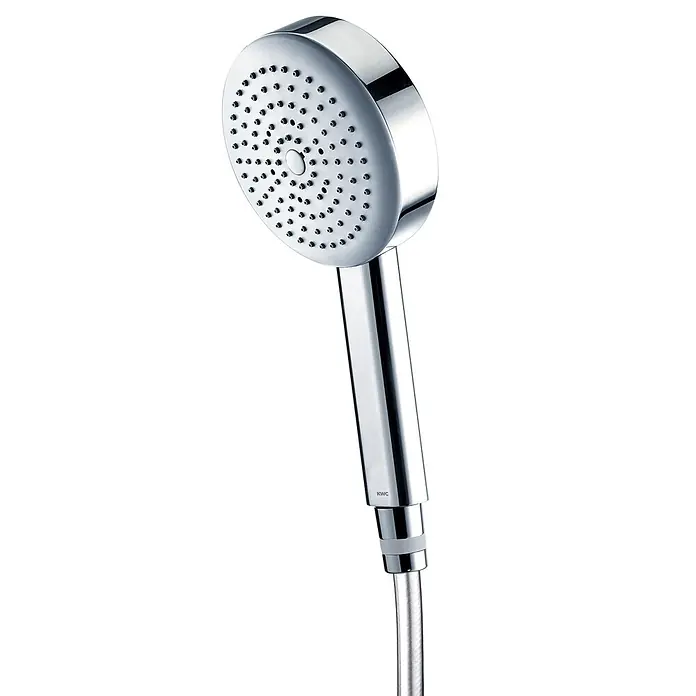 KWC Brausegarnitur - Art Strahl: Regenstrahl, verchromt - Handbrause aus poliertem Chrom mit rundem Brausekopf und mehreren Düsen, verbunden mit einem flexiblen Metallschlauch.