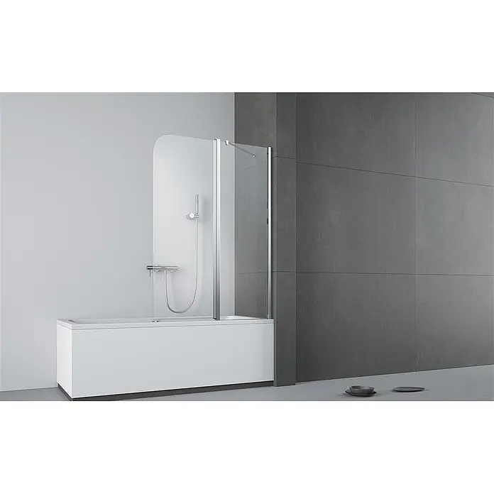 Puk Badewannenaufsatz Puk Naab Badewannenaufsatz Links 1290-1300 - 1 Stk. - Weiße Badewanne mit Duschabtrennung aus Klarglas, Chromarmaturen und Duschkopf.