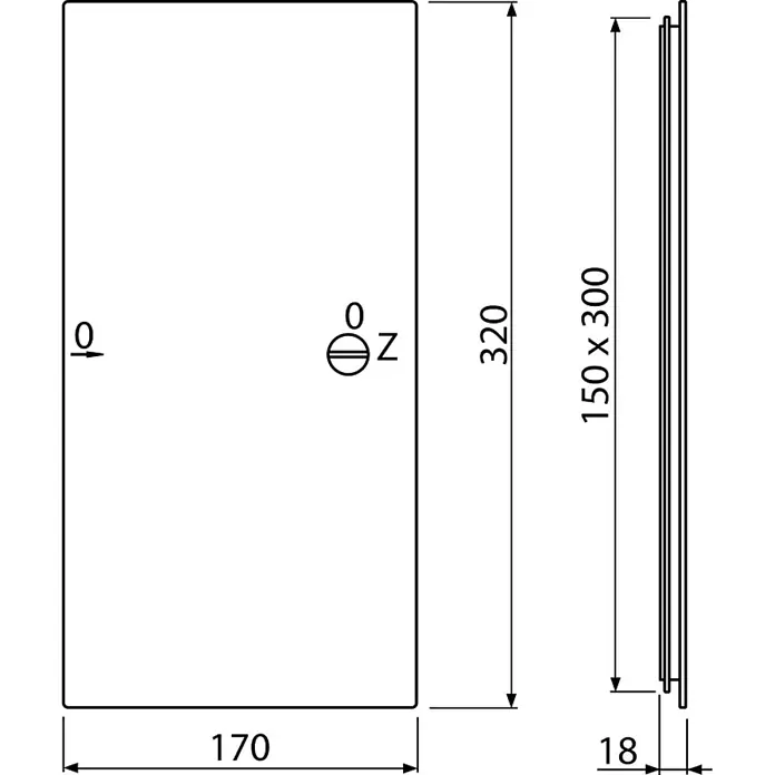 Alcadrain Badewannenaufsatz Alcadrain Badewannetür für Wartungsöffnung 150x300, Weiß - B x H: 1,7 x 0,2 cm, 1 Stk., Weiß - Maßzeichnung einer rechteckigen Platte, 170x320x18mm, mit 150x300mm seitlicher Aussparung und mittiger Kreisöffnung.