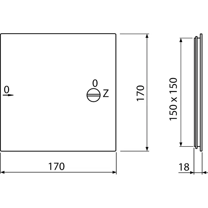 Alcadrain Badewannenaufsatz Alcadrain Badewannetür für Wartungsöffnung 150x150, Weiß - B x H: 1,7 x 0,2 cm, 1 Stk., Weiß - Technische Zeichnung einer quadratischen Platte, 170x170mm mit 18mm Dicke, einem 150x150mm Innenbereich und zentraler Aussparung.