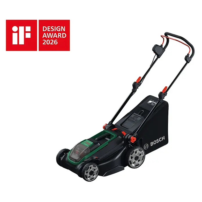 Bosch Power for All 18V Akku-Rasenmäher ROTAK18V2-43 - Ohne Akku, Schnittbreite: 43 cm - Schwarzer und grüner Bosch Akku-Rasenmäher mit Fangkorb und iF Design Award 2026 Abzeichen.
