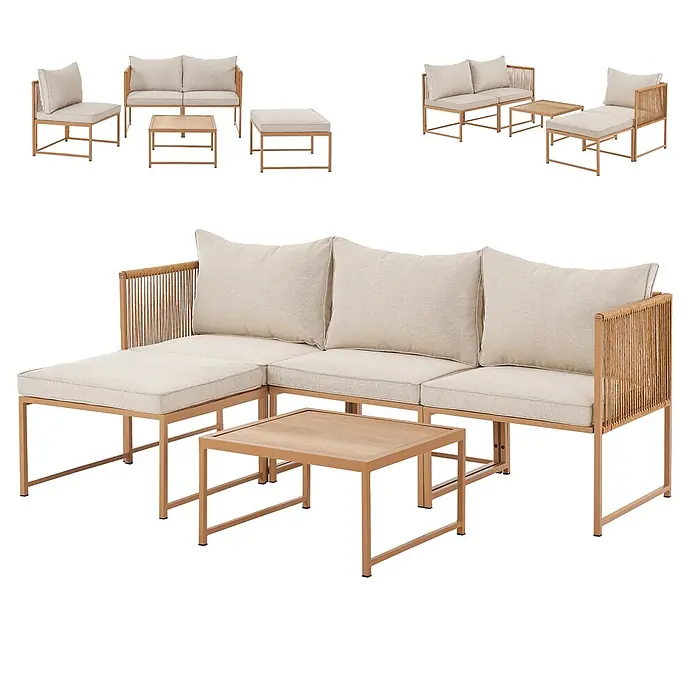 SVITA Loungemöbel-Set DETROIT - 5 -tlg., Pulverbeschichteter Stahl, Beige, Beige - Modulare Outdoor-Sitzgruppe mit bronzefarbenen Metallrahmen, geflochtenen Akzenten, hellen Kissen und Couchtisch mit Holzplatte.