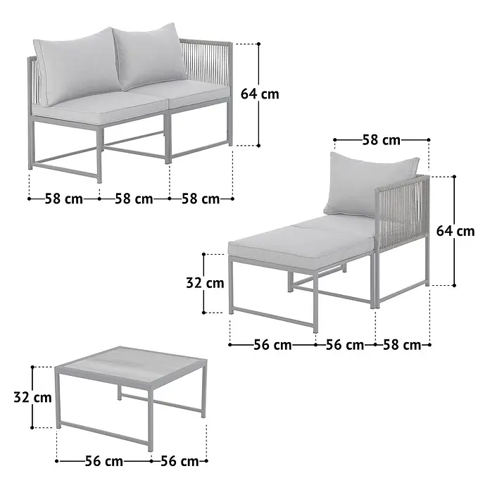 SVITA Loungemöbel-Set DETROIT - 5 -tlg., Pulverbeschichteter Stahl, Polyrattan, Polywood, Grau, Grau - Graues Outdoor-Lounge-Set aus Metall: 2-Sitzer-Sofa, Chaiselongue, Couchtisch mit hellgrauen Polstern, Maße angegeben.
