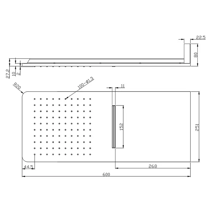 Beitz & Walz Brausegarnitur Beitz & Walz AQVAGREEN Kopfbrause 600 x 250 mm chrom - Art Strahl: Regen, Schwall, Chrom - Technische Zeichnung eines rechteckigen, schlanken Duschkopfs mit abgerundeten Ecken, Maßen, 100 Düsen und Seitenanschluss.