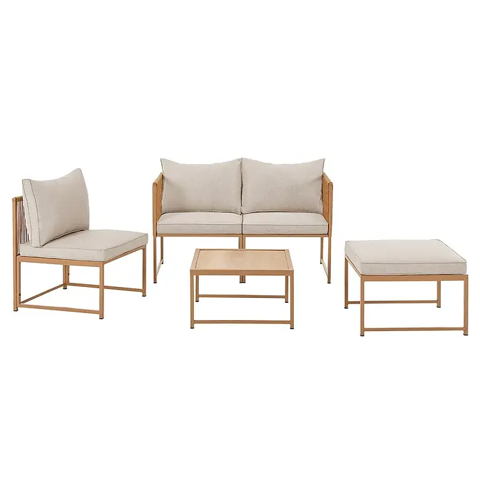 SVITA Loungemöbel-Set DETROIT - 5 -tlg., Pulverbeschichteter Stahl, Beige, Beige - Beigefarbenes Outdoor-Lounge-Set mit bronzefarbenen Metallrahmen und einem Couchtisch aus Holz.