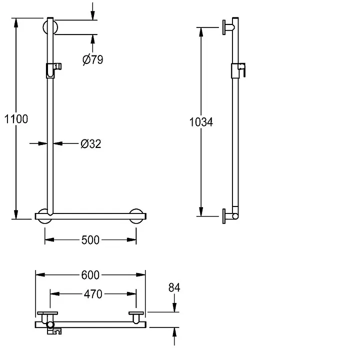 KWC Brausegarnitur - Lochabstand: 84 cm, Basaltgrau - Technisches Diagramm eines L-förmigen Duschhaltegriffs mit verstellbarer Duschkopfhalterung.
