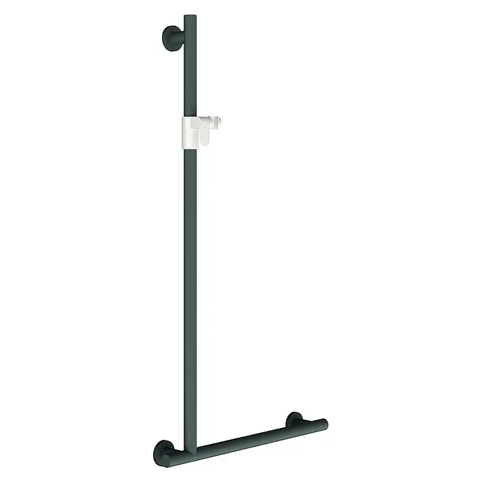 KWC Brausegarnitur - Lochabstand: 84 cm, Basaltgrau - Matt dunkelgraue Duschstange mit weißer, verstellbarer Brausehalterung und integriertem Handtuchhalter.