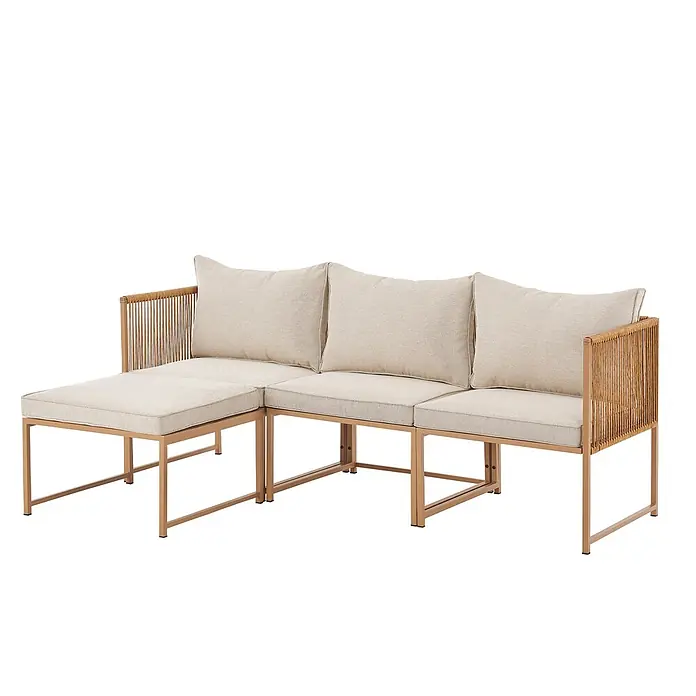 SVITA Loungemöbel-Set DETROIT - 5 -tlg., Pulverbeschichteter Stahl, Beige, Beige - Modulares Outdoor-Sofa mit beigen Kissen, goldenem Rahmen und geflochtenen Seildetails.