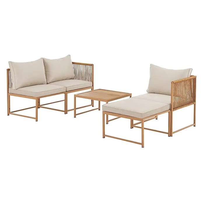 SVITA Loungemöbel-Set DETROIT - 5 -tlg., Pulverbeschichteter Stahl, Beige, Beige - Outdoor-Lounge-Set mit hellbraunen Metallrahmen, geflochtenen Rückenlehnen und hellbeigen Polstern, bestehend aus 2er-Sofa, Loungesessel und quadratischem Couchtisch.