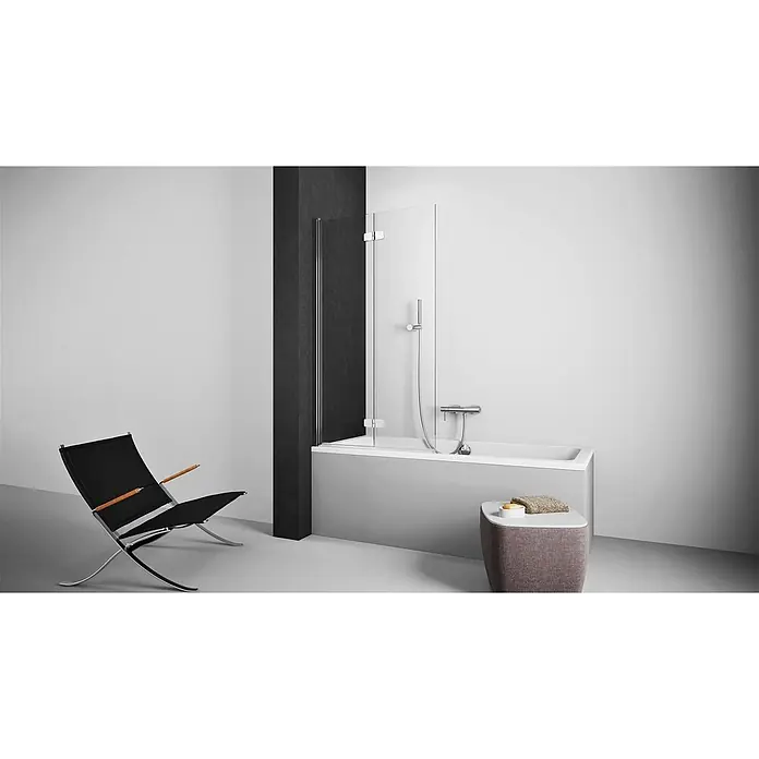 Puk Badewannenaufsatz Puk Blies Badewannenaufsatz Links 1195-1205 - 1 Stk. - Weiße Badewanne mit hellgrauem Panel und Duschwand aus Klarglas, ideal zum kombinierten Baden und Duschen.