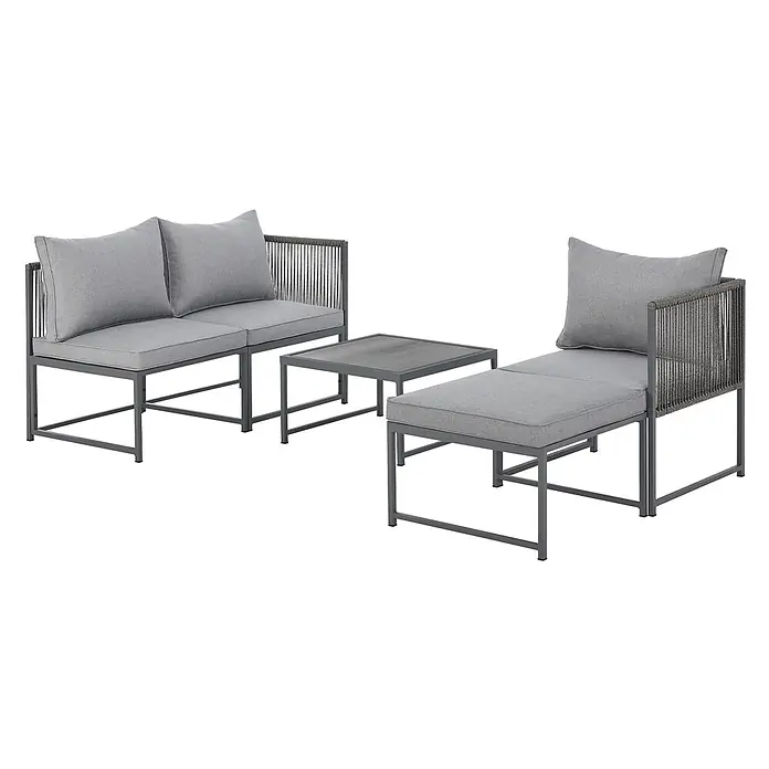 SVITA Loungemöbel-Set DETROIT - 5 -tlg., Pulverbeschichteter Stahl, Polyrattan, Polywood, Grau, Grau - Graues modulares Outdoor-Sofa mit Kissen, Metallrahmen und Seilrückenlehnen sowie passendem Couchtisch.