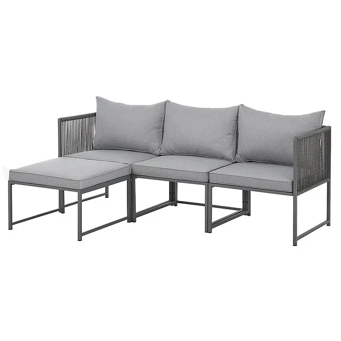 SVITA Loungemöbel-Set DETROIT - 5 -tlg., Pulverbeschichteter Stahl, Polyrattan, Polywood, Grau, Grau - L-förmiges Garten-Ecksofa mit dunkelgrauem Metallgestell, geflochtenen Seilarmlehnen und hellgrauen Kissen.