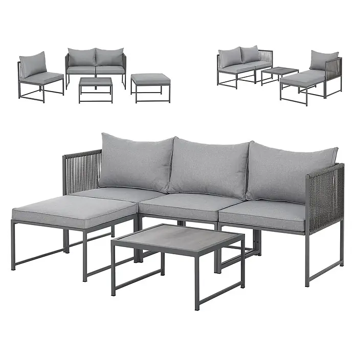 SVITA Loungemöbel-Set DETROIT - 5 -tlg., Pulverbeschichteter Stahl, Polyrattan, Polywood, Grau, Grau - Graues modulares Outdoor-Lounge-Set mit Metallrahmen, geflochtenen Armlehnen und bequemen Polstern, in verschiedenen Konfigurationen mit passendem Couchtisch.