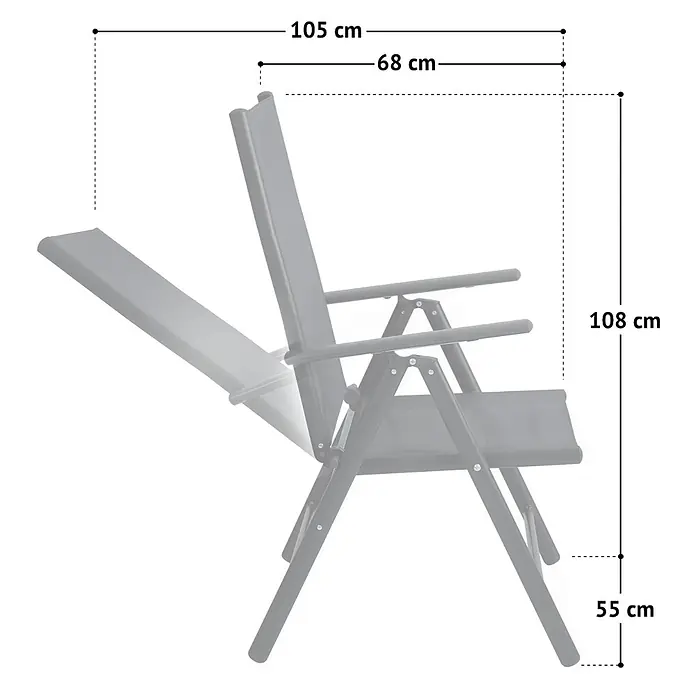 SVITA Gartenstuhl-Set - 2 Stk., Klappbar, Anthrazit, B x T x H: 55 x 68 x 108 cm - Dunkelgrauer verstellbarer Gartenstuhl mit Armlehnen, Maße dargestellt.
