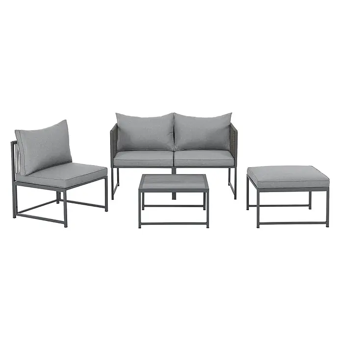 SVITA Loungemöbel-Set DETROIT - 5 -tlg., Pulverbeschichteter Stahl, Polyrattan, Polywood, Grau, Grau - Graue Gartenmöbelgarnitur: Einzelsessel, 2-Sitzer-Sofa, Couchtisch und Ottoman mit Metallgestellen und hellgrauen Polstern.