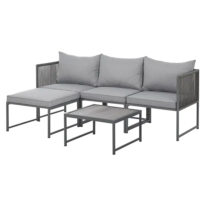SVITA Loungemöbel-Set DETROIT - 5 -tlg., Pulverbeschichteter Stahl, Polyrattan, Polywood, Grau, Grau - Graues Outdoor-Ecksofa mit dunkelgrauem Metallgestell und Seildetails, inklusive Ottomane und quadratischem Couchtisch mit grauer Holzoptik.