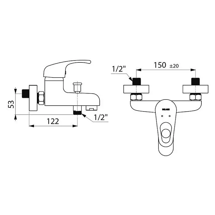Delabie Badewannenarmatur -  - Technische Zeichnung eines Wandmischers, mit Vorder- und Draufsicht, Maßen und 1/2" Anschlüssen.