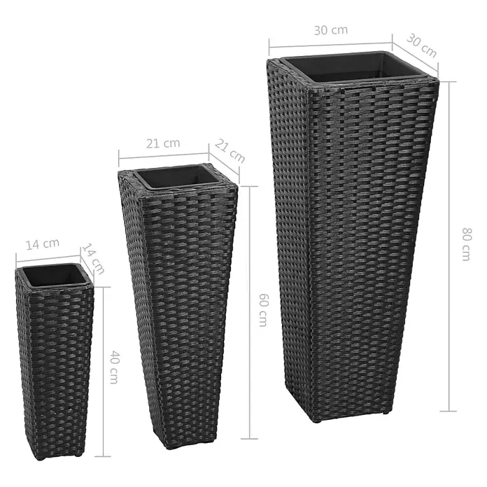 Furnicato Pflanzsäule eckig PE-Rattan -  - Set aus 3 schwarzen, rattan-ähnlichen, konischen Pflanzkübeln in verschiedenen Größen mit Maßen.