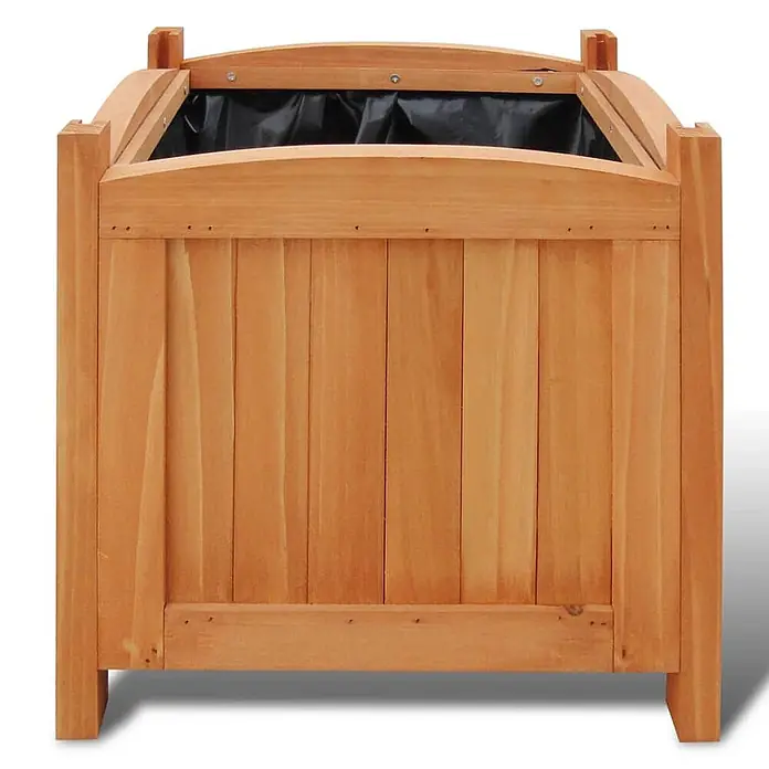 Furnicato Pflanzkasten Massivholz -  - Helles, braunes Pflanzgefäß aus Holz mit Lattenseiten und einer schwarzen Innenauskleidung für Pflanzen.