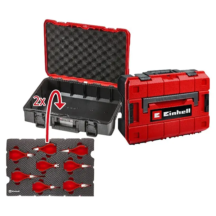 Einhell Werkzeugsatz-Einlage E-Case Feinmechaniker Zangen - 8 -tlg. - Roter und schwarzer Einhell Werkzeugkoffer, offen und geschlossen gezeigt, mit zwei Schaumstoffeinlagen für rote Handwerkzeuge.