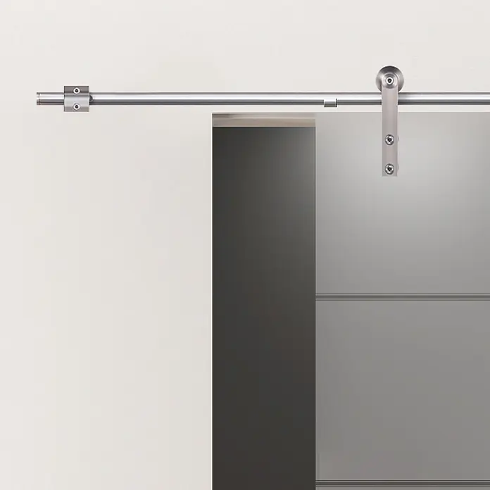 Diamond Doors Glasschiebetür-Beschlag Galaxy EM-O - Edelstahloptik, Art Beschlag: Offen, 2.000 mm, Passend für: Diamond Doors Glasschiebetüren - Gebürsteter Edelstahl-Schiebetürbeschlag mit einer grauen Türplatte.