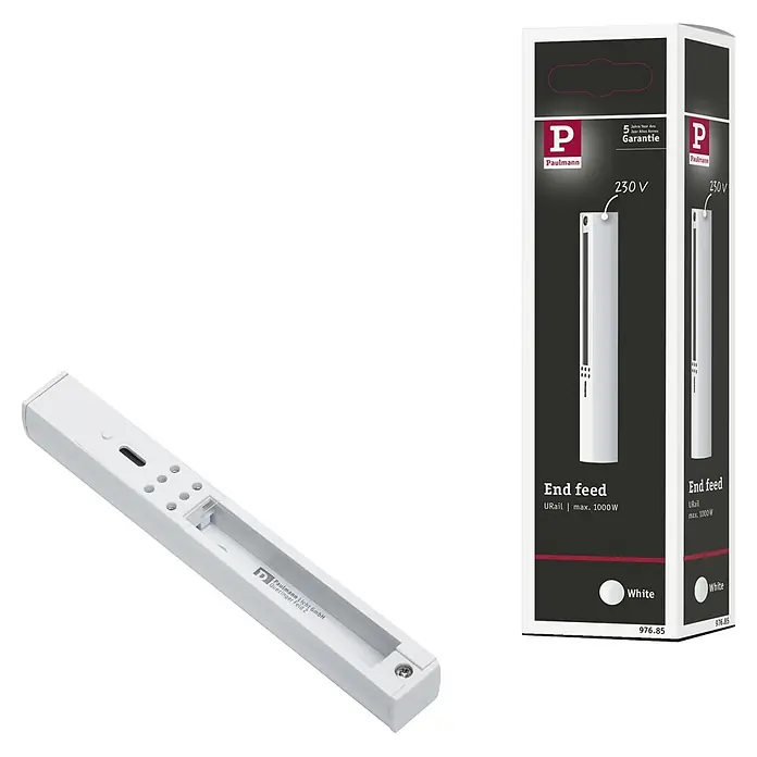 Paulmann URail End-Einspeisung - 161 mm, Weiß - Weißes, rechteckiges Endspeisestück für U-Schiene und seine Produktbox.