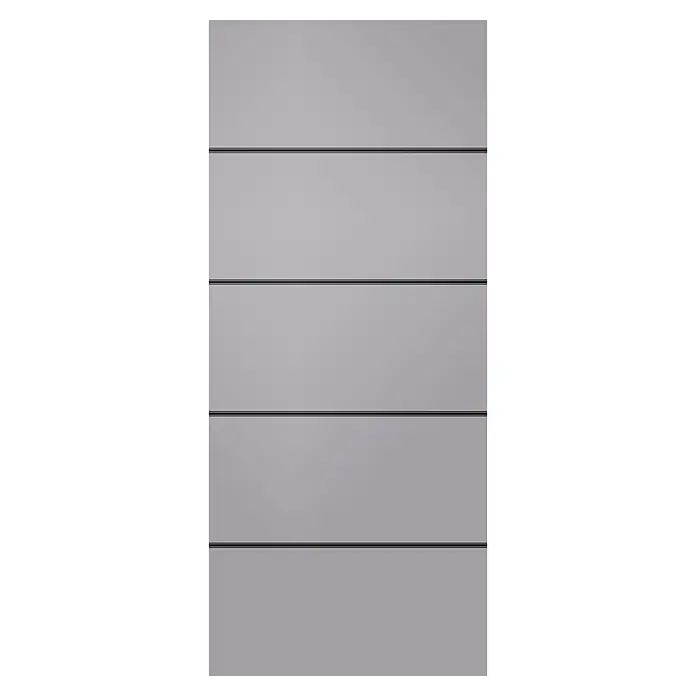 Diamond Doors Glasschiebetür Galaxy 6.0 - 935 x 2.058 mm, Einscheibensicherheitsglas (ESG) - Moderne hellgraue horizontale Verkleidungsplatten mit schmalen schwarzen Linien.