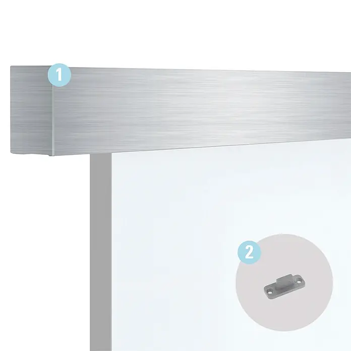 Diamond Doors Holzschiebetür-Beschlag Linea 60 Premium 2.0 - Edelstahloptik, Art Beschlag: Geschlossen, Länge: 2.200 mm - Gebürstetes Aluminiumprofil und eine graue Metall-Montagehalterung.