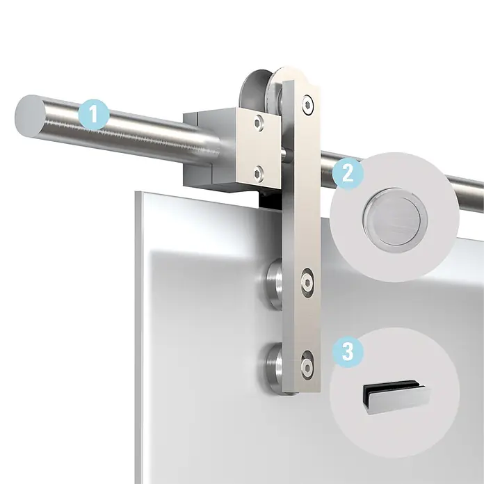 Diamond Doors Glasschiebetür-Beschlag Galaxy EM-O - Edelstahloptik, Art Beschlag: Offen, 2.000 mm, Passend für: Diamond Doors Glasschiebetüren - Beschläge aus gebürstetem Edelstahl für Schiebetüren mit Stange, Türhänger, Stopper und Bodenführung.