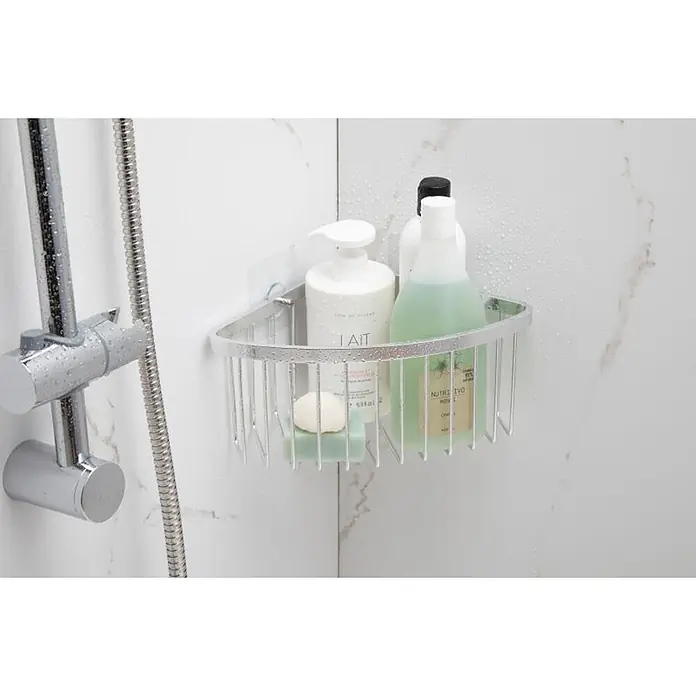 Tatay Aluminium Cesta de baño angular + QuickFix - 20 x 11,5 x 20 cm, Cromo - Estante de ducha de esquina de metal plateado con artículos de tocador y gotas de agua, montado.