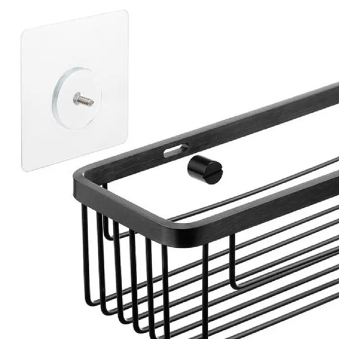 Tatay Aluminium Cesta de baño angular + QuickFix - 20 x 11,5 x 20 cm, Negro - Cesta de metal negra de alambre, soporte adhesivo transparente de pared con tornillo y tapa de tornillo negra.