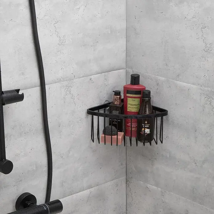 Tatay Aluminium Cesta de baño angular + QuickFix - 20 x 11,5 x 20 cm, Negro - Cesta de ducha esquinera de alambre negro con artículos de tocador como champú y jabón.