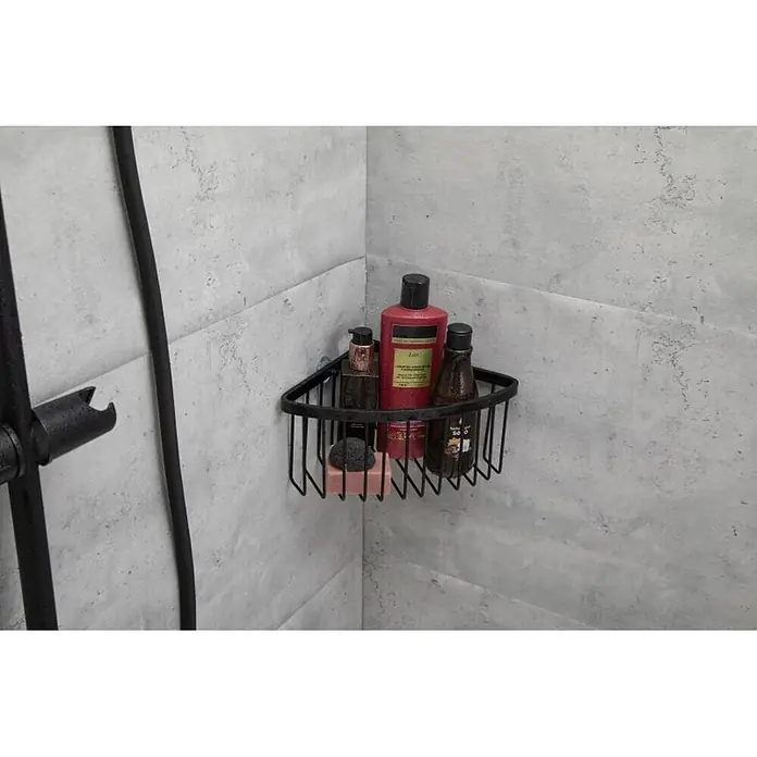 Tatay Aluminium Cesta de baño angular + QuickFix - 20 x 11,5 x 20 cm, Negro - Cesta de ducha de esquina de metal negro con artículos de tocador.