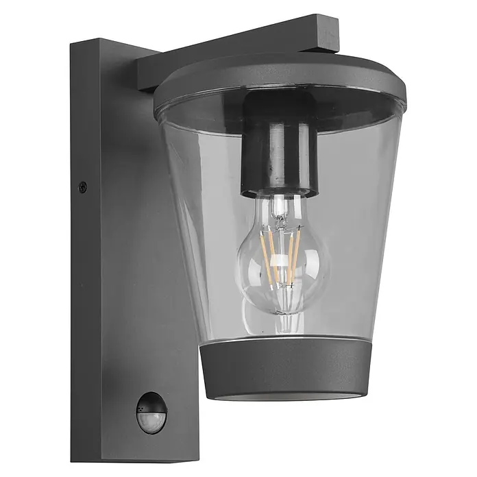 Trio Leuchten Sensor-Außenleuchte CAVADO - 40 W, L x B x H: 23 x 16 x 28 cm, Grau, IP44 - Dunkelgraue Außenwandleuchte mit Klarglas und sichtbarer LED-Glühbirne, ausgestattet mit Bewegungssensor.
