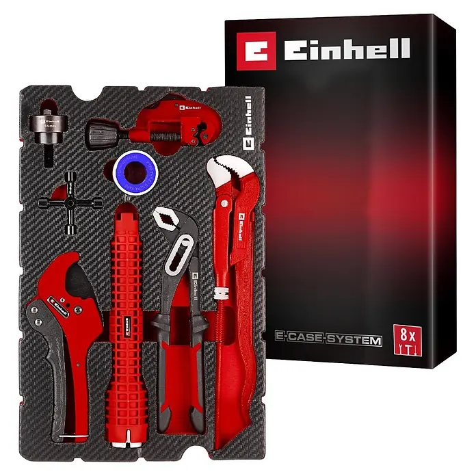 Einhell Werkzeugsatz-Einlage E-Case Sanitärinstallation - 8 -tlg. - Einhell rot-schwarzes Sanitärwerkzeug-Set mit Rohrschneider und Schraubenschlüsseln in grauer Hülle und Verpackung.
