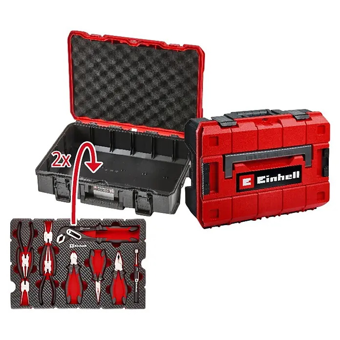 Einhell Werkzeugsatz-Einlage E-Case Zangen - 9 -tlg. - Zwei rote und schwarze Einhell E-Case Werkzeugkoffer, einer offen mit Schaumstoffauskleidung, der andere geschlossen, plus ein Einsatz mit Zangen und Schraubendrehern.