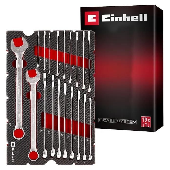 Einhell Werkzeugsatz-Einlage E-Case Gabelringschlüssel - 19 -tlg. - Einhell Ringschlüssel-Satz in schwarzem Schaumstoffeinsatz mit Carbon-Optik und roten Akzenten, daneben die rote und schwarze Verpackung.