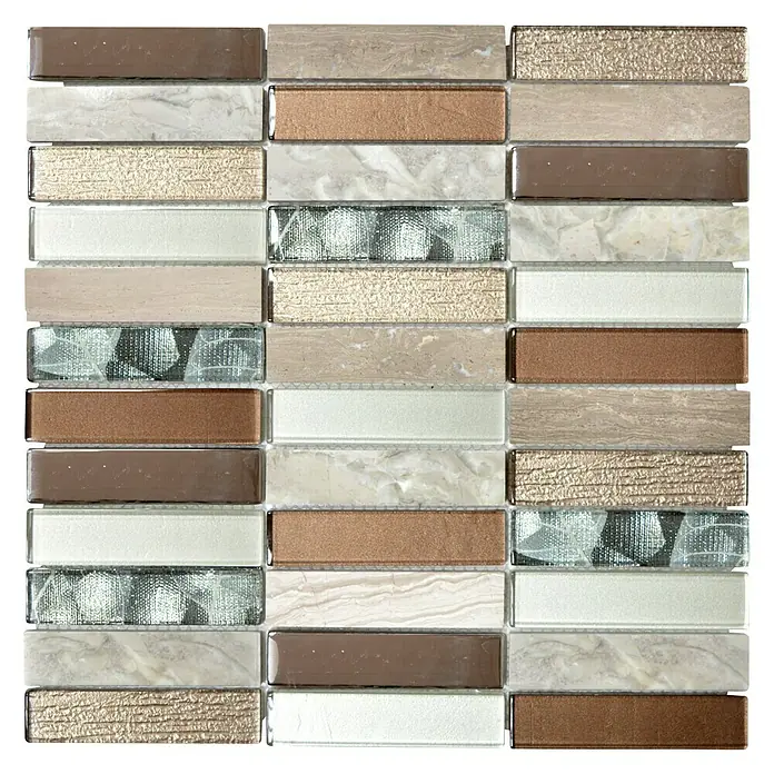 Mosaikfliese Rechteck Crystal Mix NIGHT 68X - 29,8 x 29,8 cm, Beige/Braun, Glänzend - Keramikmosaikfliesen in verschiedenen Braun-, Beige- und Grautönen. Perfekt für stilvolle Akzente in Bad und Küche.