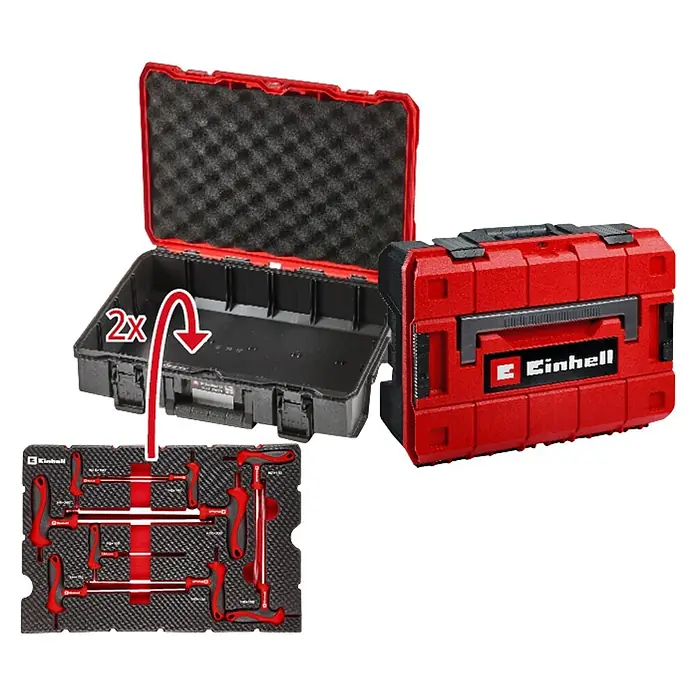 Einhell Werkzeugsatz-Einlage E-Case T-Griff - 9 -tlg. - Zwei rot-schwarze Einhell Werkzeugkoffer, einer offen mit Schaumstoffeinlage, einer geschlossen. Eine Schaumstoffeinlage mit T-Griffschlüsseln wird zur Platzierung im offenen Koffer gezeigt.