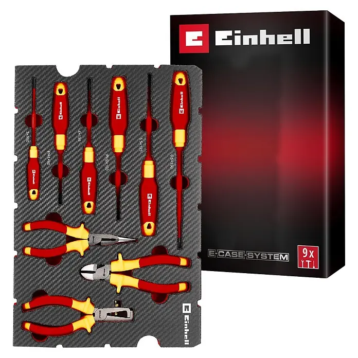 Einhell Werkzeugsatz-Einlage E-Case VDE Set - 9 -tlg. - Rot-gelbes Einhell 9-teiliges isoliertes Schraubendreher- und Zangenset in schwarzer E-Case System Ablage.