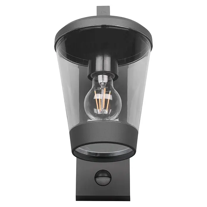 Trio Leuchten Sensor-Außenleuchte CAVADO - 40 W, L x B x H: 23 x 16 x 28 cm, Grau, IP44 - Dunkelgraue Außenwandleuchte mit klarem Schirm, LED-Glühfadenlampe und integriertem Bewegungsmelder.