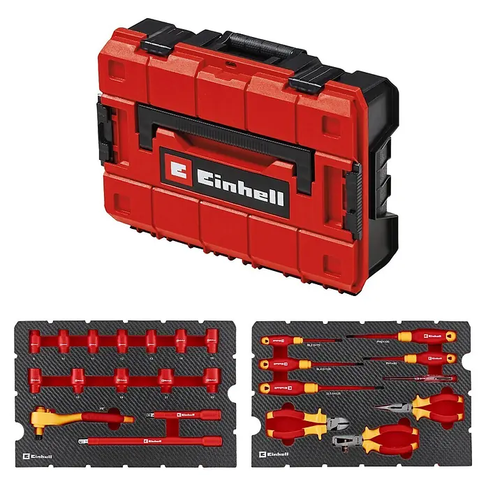 Einhell Werkzeugkoffer E-Case VDE - 24 -tlg. - Roter und schwarzer Einhell Modul-Werkzeugkasten mit zwei Werkzeugeinsätzen, inkl. Steckschlüsselsatz, Ratsche, Schraubendreher und Zangen.