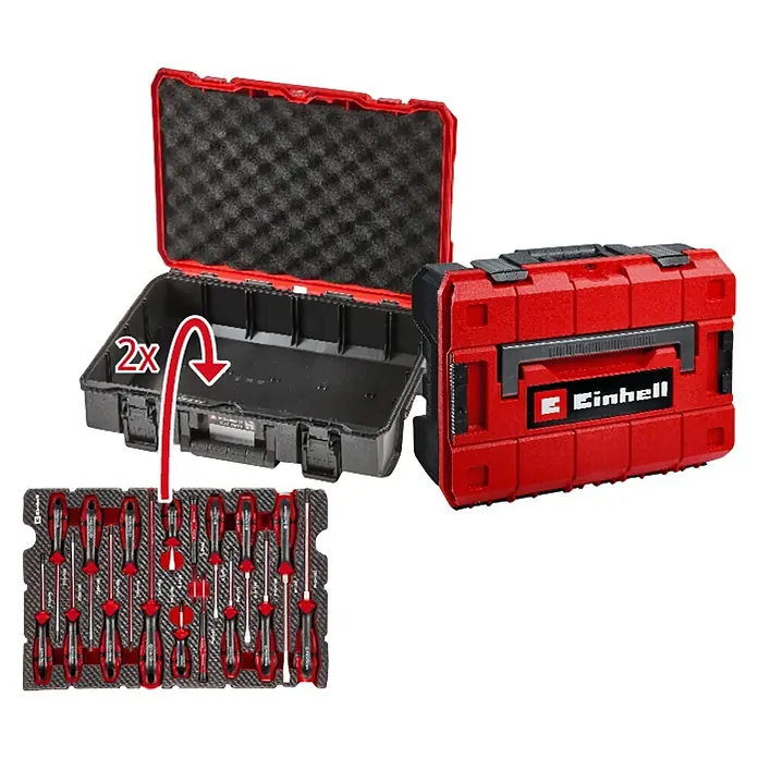 Einhell Werkzeugsatz-Einlage E-Case Schraubendreher - 17 -tlg. - Rotes und schwarzes modulares Einhell Werkzeugkofferset, offen mit Schaumstoffpolsterung, geschlossen und mit Schraubendrehersatz in passendem Einsatz.
