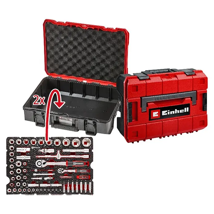 Einhell Werkzeugsatz-Einlage E-Case Stecknuss- und Ratschenset - 60 -tlg. - Roter und schwarzer Einhell Werkzeugkoffer, offen mit Schaumstoffpolsterung und geschlossen gezeigt. Ein Steckschlüssel-Set-Modul ist zur Einlage bereit.