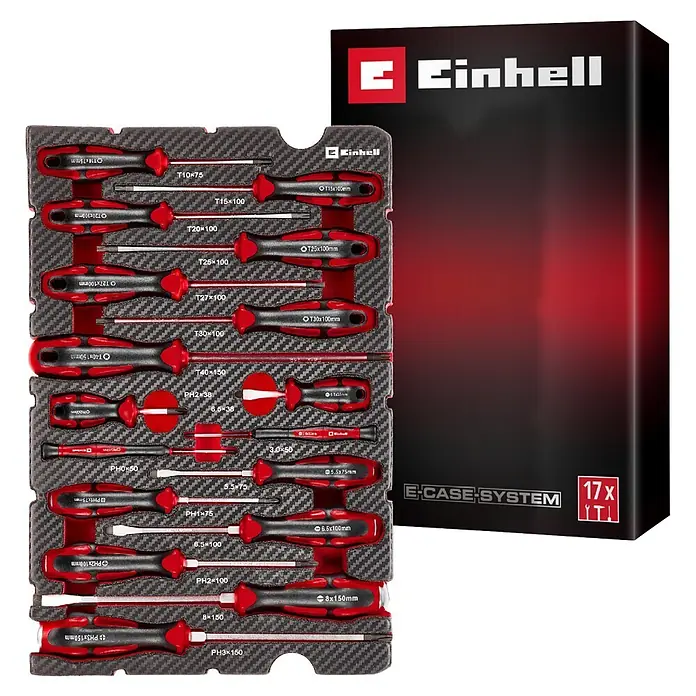 Einhell Werkzeugsatz-Einlage E-Case Schraubendreher - 17 -tlg. - Einhell Schraubendreher-Set, rot-schwarz, mit verschiedenen Werkzeugtypen im Schutzkoffer.
