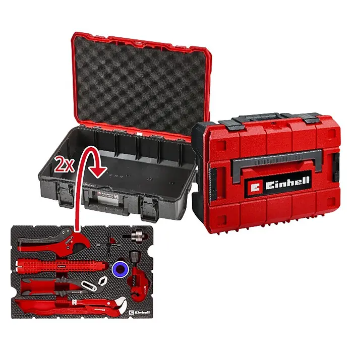 Einhell Werkzeugsatz-Einlage E-Case Sanitärinstallation - 8 -tlg. - Roter und schwarzer Einhell Werkzeugkoffer mit offenem Deckel, der sein schaumstoffgefüttertes Inneres und eine separate Schaumstoffeinlage mit roten Handwerkzeugen zeigt.
